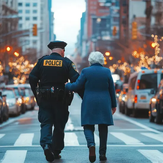 A police officer assisting an older woman